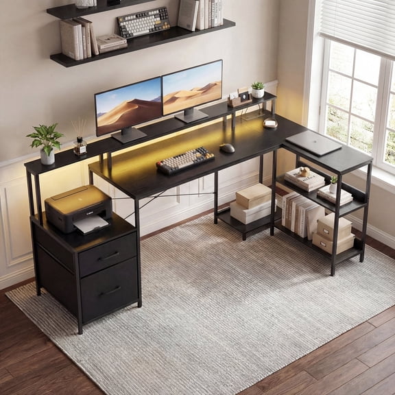 JIOABL Reversible L-Shaped Office Desk with Power Outlet, LED Light, Storage Drawer & Bookshelf, Black