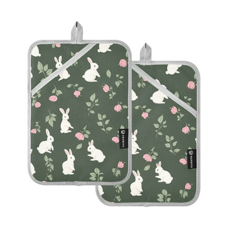 

Rabbit and Flower Print Oven Mitts Pot Holders 2 pcs Heat Resistant for Kitchen Baking Grilling