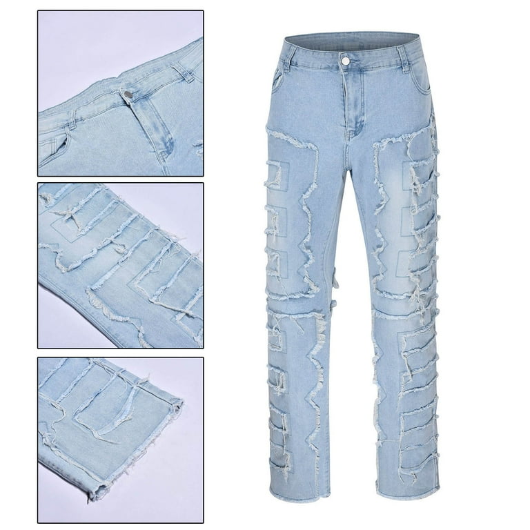Upioiwer Stretch Jeans For Men Jeans Men Cowboy Jeans For Men Creative Tassels Decoration Straight Fit Jeans Men Casual Medium Stretch Street Style Denim Pants For All Seasons Everyday Holiday Style D...