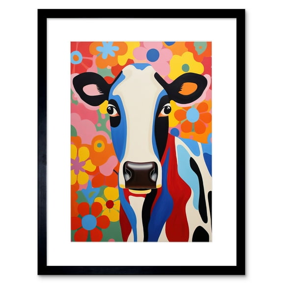 Colourful Cow Bright Bold Floral Portrait Acrylic Painting Vibrant Folk Art Flower Artwork Friesian Kids Bedroom Artwork Framed Wall Art Print 9X7 Inch