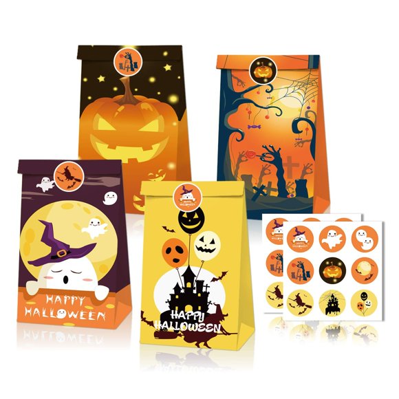 Sacs à Friandises Effrayants - Lot de 24 Sacs Cadeaux pour Fête d'Halloween avec Autocollants, Bonbons pour Enfants Croix Fantôme Sacs à Friandises pour Fournitures de Fête