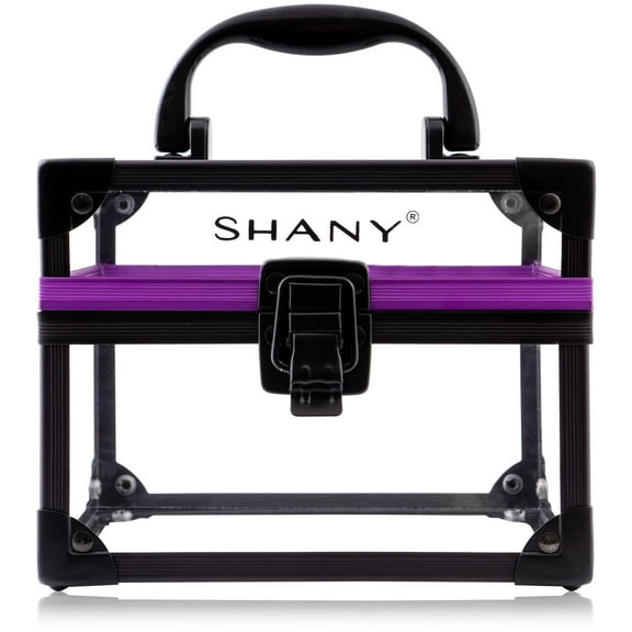 SHANY Clear Cosmetics and Toiletry Train Case - Clear Travel Makeup Bag Case Organizer with Secure Closure and Black/Purple Accents - Medium