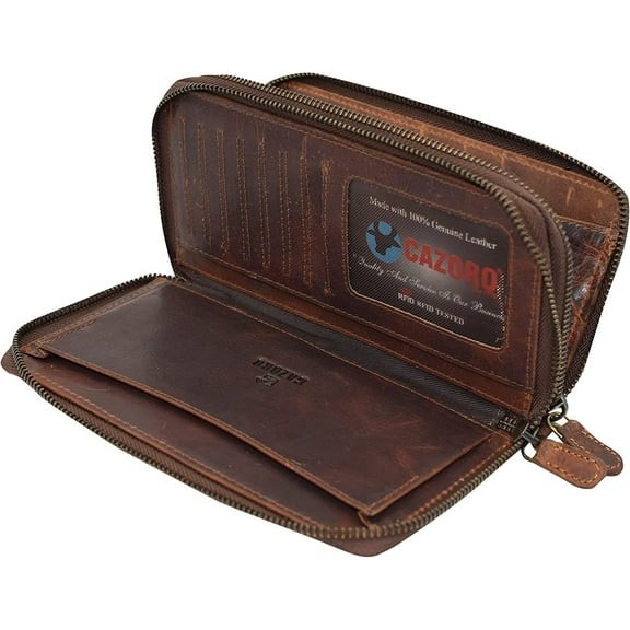 CAZORO Women's Vintage Leather RFID Blocking Wallet Double Zipper Organizer Large Phone Pocket Wrislet Wallets for Women Leather Brown