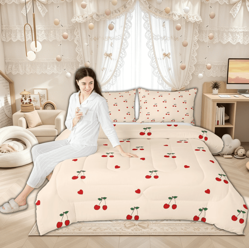 Manfei Kawaii Orange Cartoon Cherry Queen Comforter Set for Kids Girls, Cute Love Heart Bedding Sets, Reversible, 3-Piece