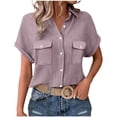 thumbnail image 3 of Jinhomg Women Teacher shirts Shorts Sleeve Casual Button Down Shirts Business Office Work Outfits with Pocket Purple L, 3 of 7