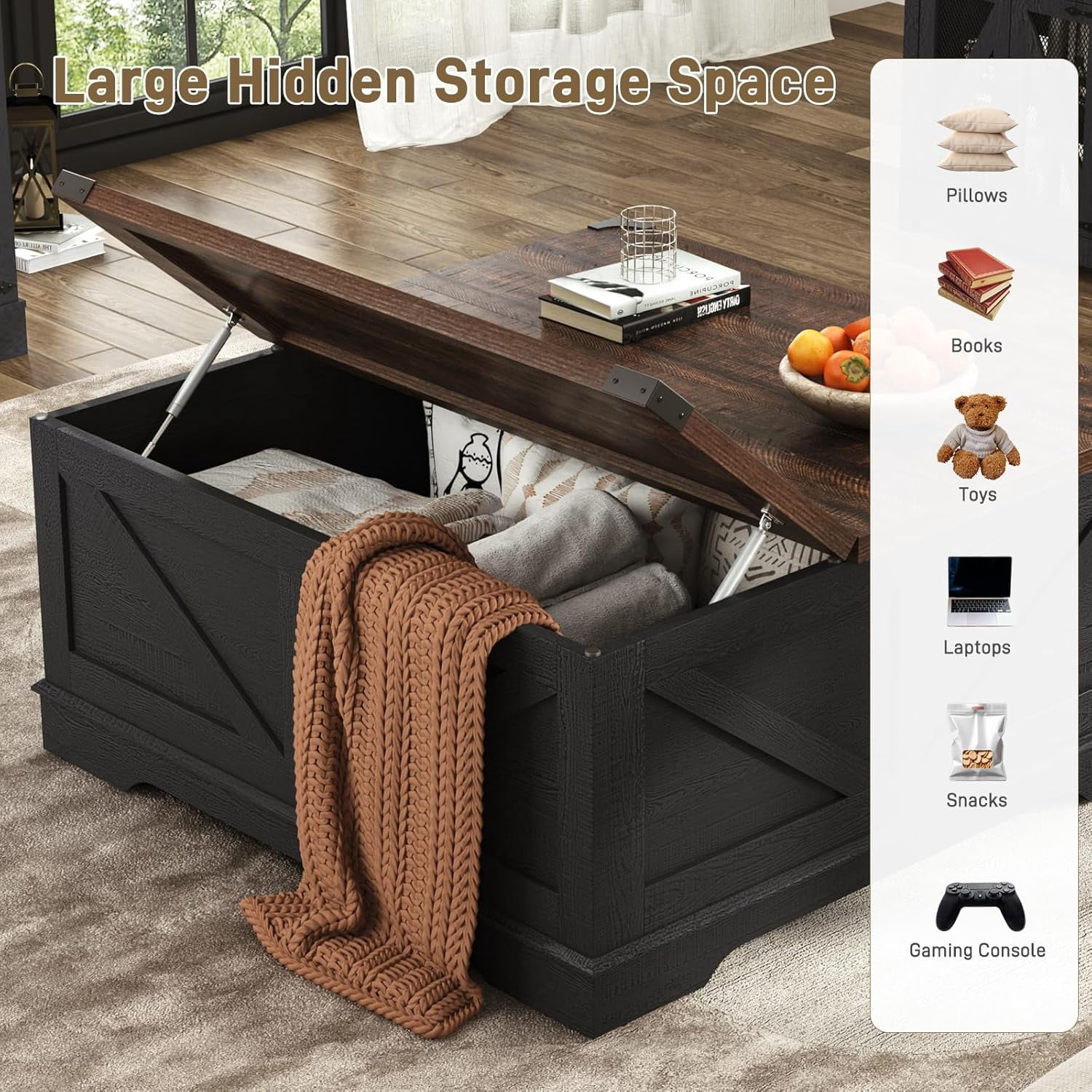 ChVans 40" Large Farmhouse Lift Top Coffee Table with Power Outlets, Square Wood Living Room Table with Large Hidden Storage, Multi-Function Lift Wooden Barn Door Center Table, Rustic Black