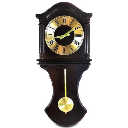Traditional Wall Clock with Swinging Pendulum, Chocolate Brown Oak Finish, Golden Accents, 4 Chime Options