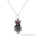 thumbnail image 1 of Perched Owl Bird Animal Charm & Red CZ Crystal 25x11mm (1x0.4in) Pendant & Chain Necklace in Oxidized .925 Sterling Silver, 1 of 1
