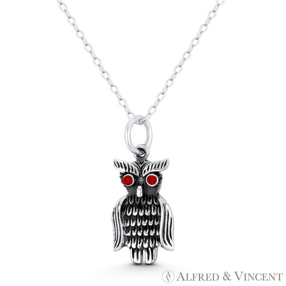 Perched Owl Bird Animal Charm & Red CZ Crystal 25x11mm (1x0.4in) Pendant & Chain Necklace in Oxidized .925 Sterling Silver