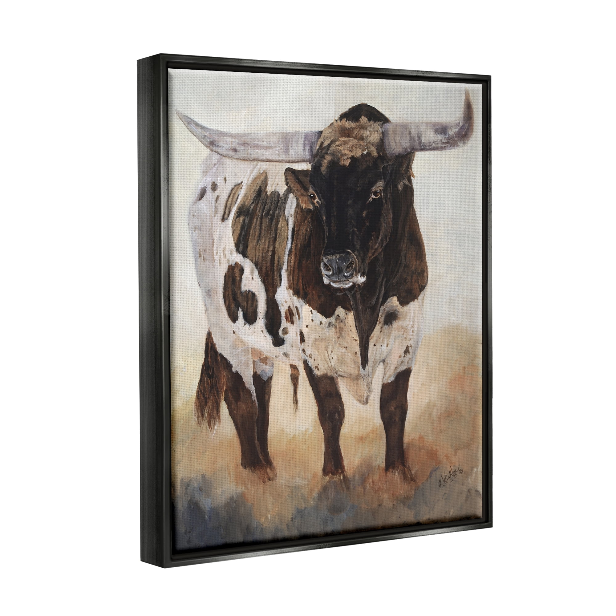 Stupell Industries Longhorn Cattle Painting Animals & Insects Painting Black Floater Framed Art Print Wall Art, 25 x 31