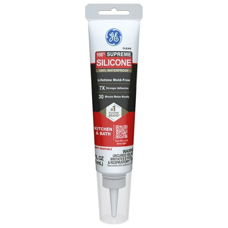 GE Supreme Silicone Kitchen & Bath Sealant, Pack of 1, Clear 2.8 fl oz Tube