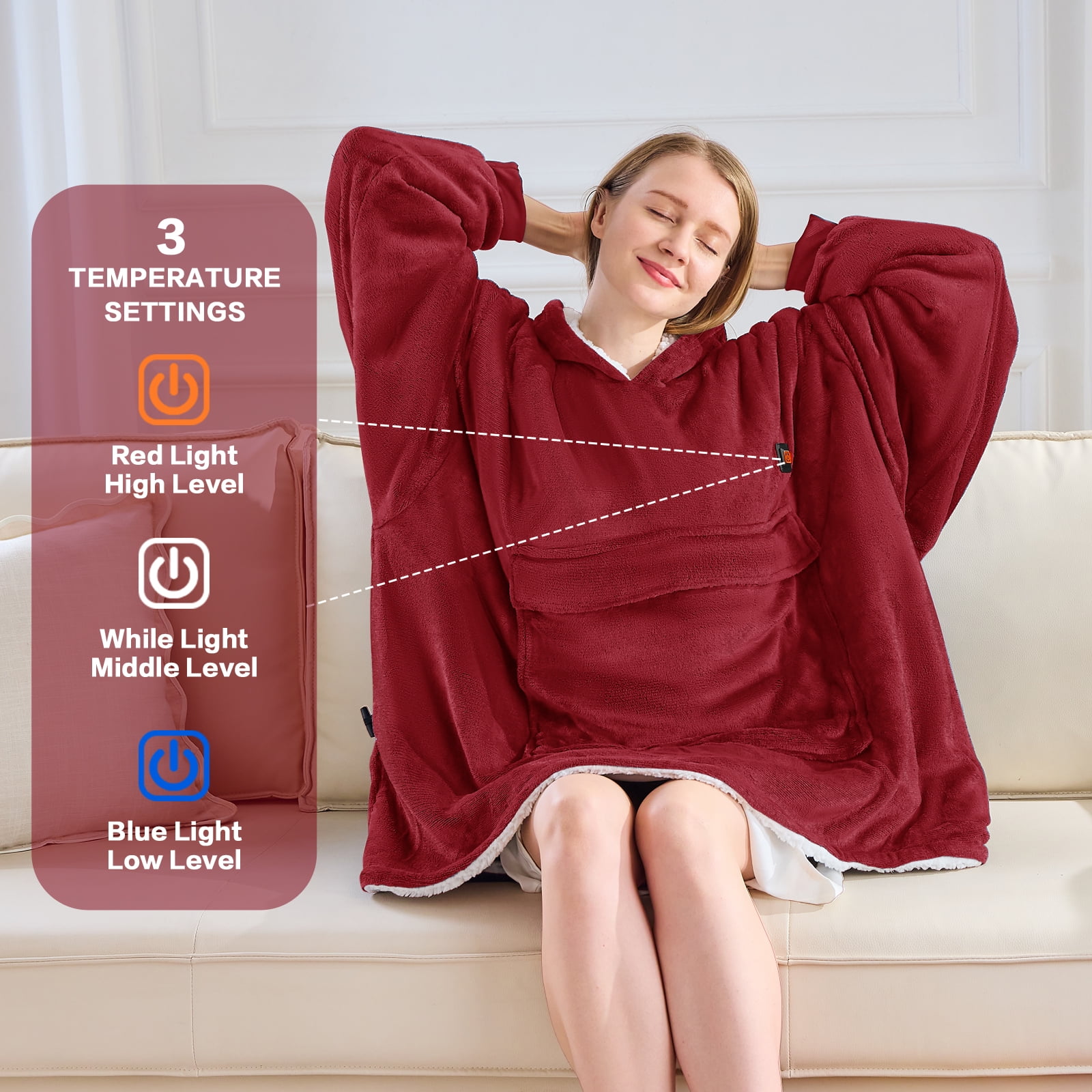 PMONPA Heated Wearable Blanket, Oversized Wearable Heated Blanket for Adult, Sherpa Fleece Blanket Hoodie, One Size, Burgundy