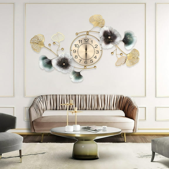 Wall Clock Luxury Atmosphere Ginkgo Leaf Wall Clock with Silent Movement 3D Creative Large Wall Clock Wall Hanging Home Decor for Living Room Bedroom Office