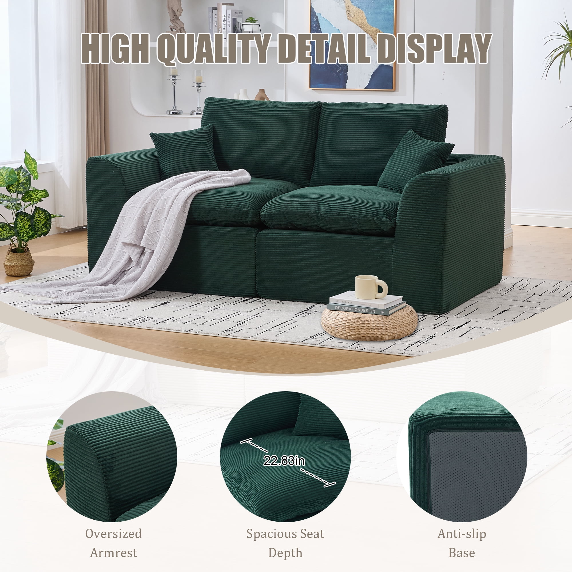 MOONMISS 80.3" Oversized Modular Sofa, Upholstered Corduroy 2 Seat Deep Seat Cloud Couch for Living Room Bedroom, No Assembly Required, Emerald