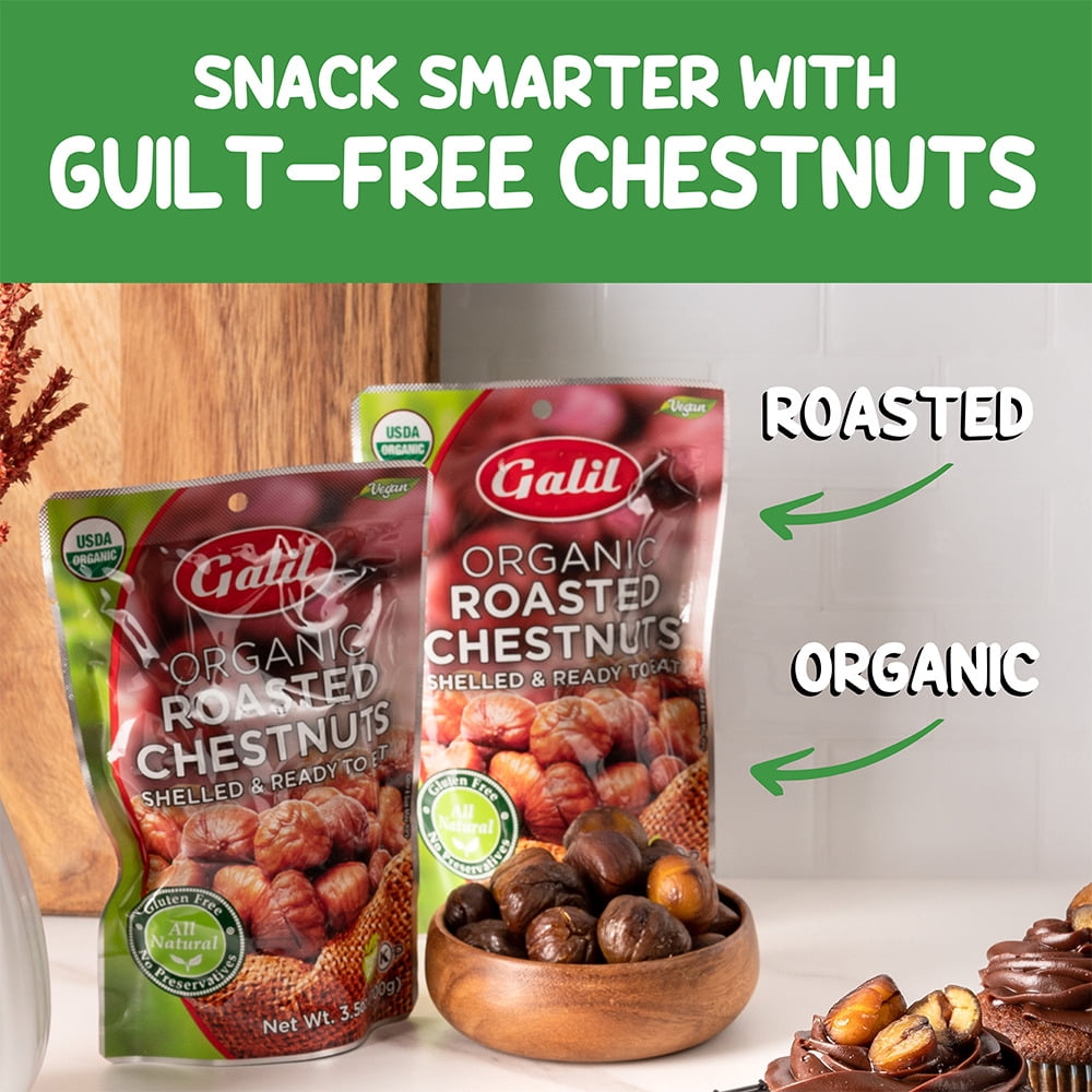 Galil Ready-to-Eat Organic Roasted Chestnuts, Gluten Free and Shelled, 3.5 oz, 24-Pack