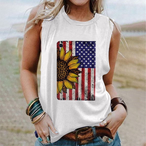 DailyTrove Women's Sunflower American Flag Tank Top - Polyester Patriotic & Boho Wear, Romantic for Gatherings