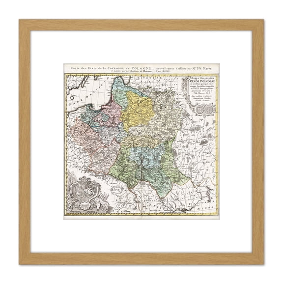Map Antique 1750 Homann Poland Old Historic Replica 8X8 Inch Square Wooden Framed Wall Art Print Picture with Mount