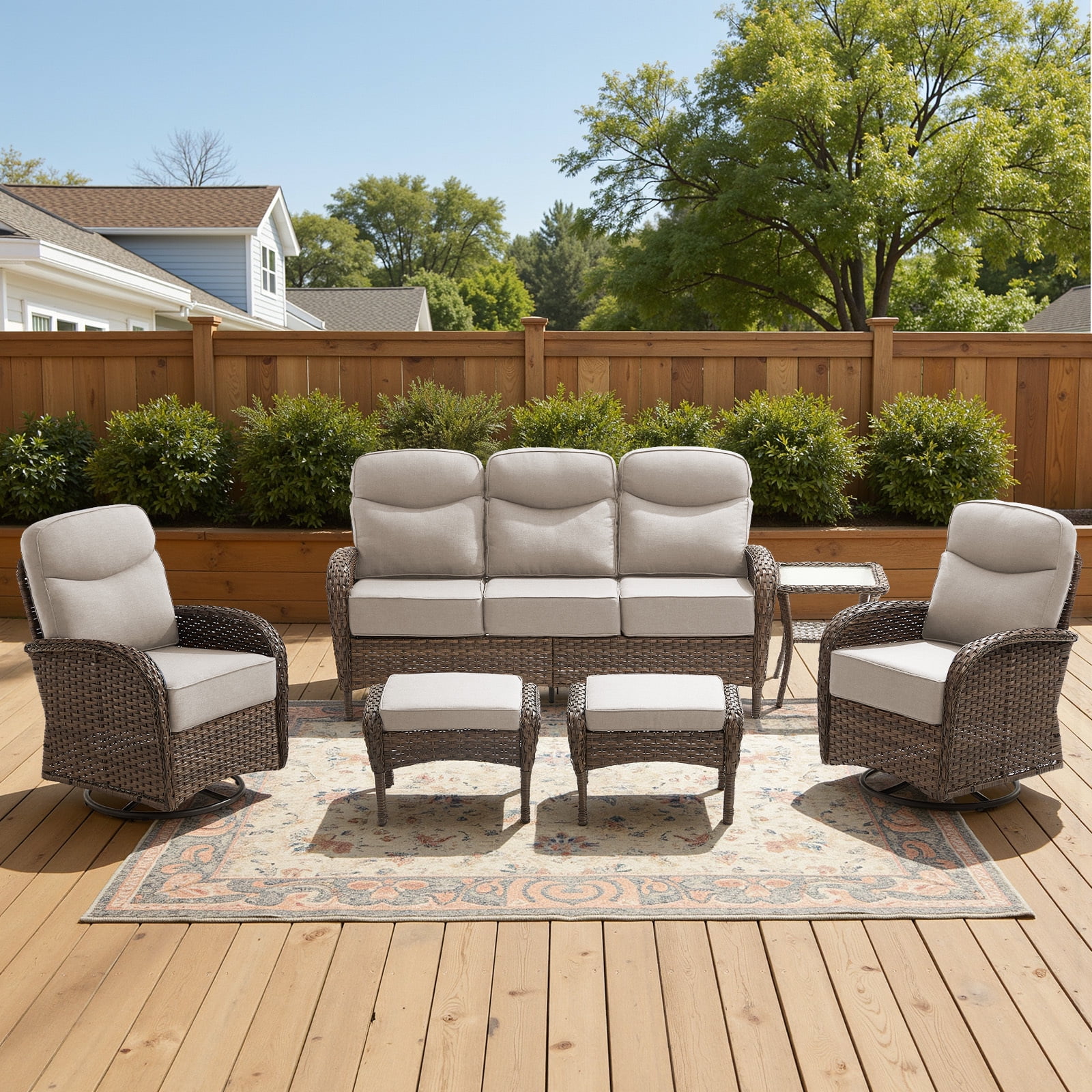 Bellefurn 6-Piece Luxury Patio Furniture Sets with 6-Inch Thick Cushions,High Back Wicker Swivel Rocker Patio Chairs,Outdoor Couch and Ottomans,All-Weather Conversation Set for Porch Deck Yard Pool