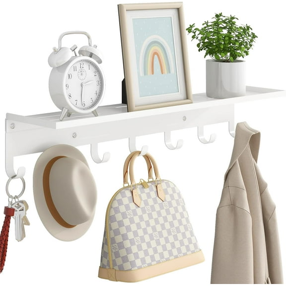 Shelf with 7 Hooks, 23 Inch Entryway Coat Rack Wall Mounted, Metal Coat Hanger with Shelf Storage Clothes, Bags, Purse for Living Room, Balcony, Closet, White