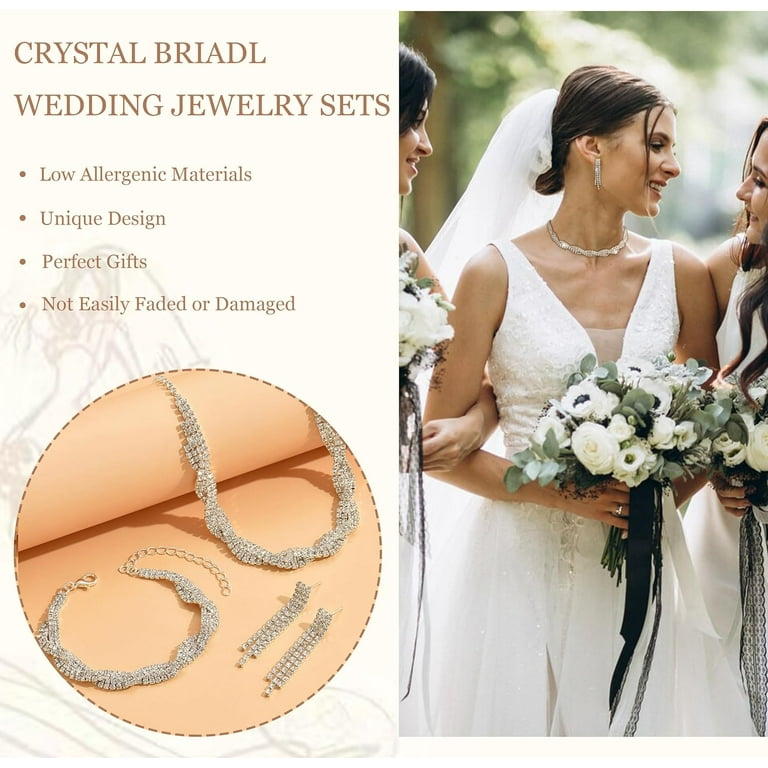 Wedding Jewelry Set for Brides Bridesmaids Silver Rhinestone