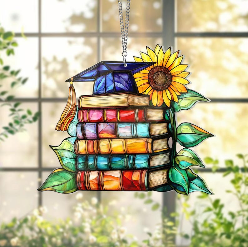 Graduation Book Acrylic Suncatcher, Grad Cap Window Hanging Decor