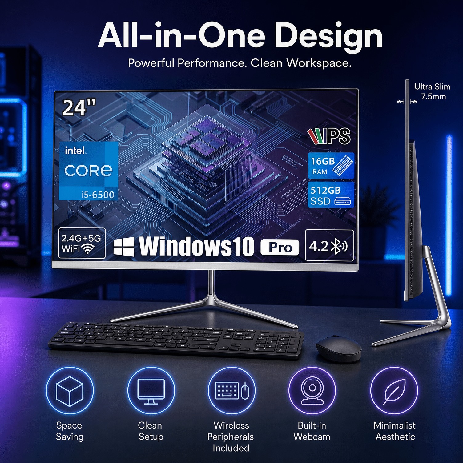 TOEMAAGIC 24" FHD All-in-One Desktop Computer Intel Core i5-6500 16GB RAM 512GB SSD Windows 10, WiFi Bluetooth Webcam, White with Wired Keyboard & Mouse for Home Office Classroom