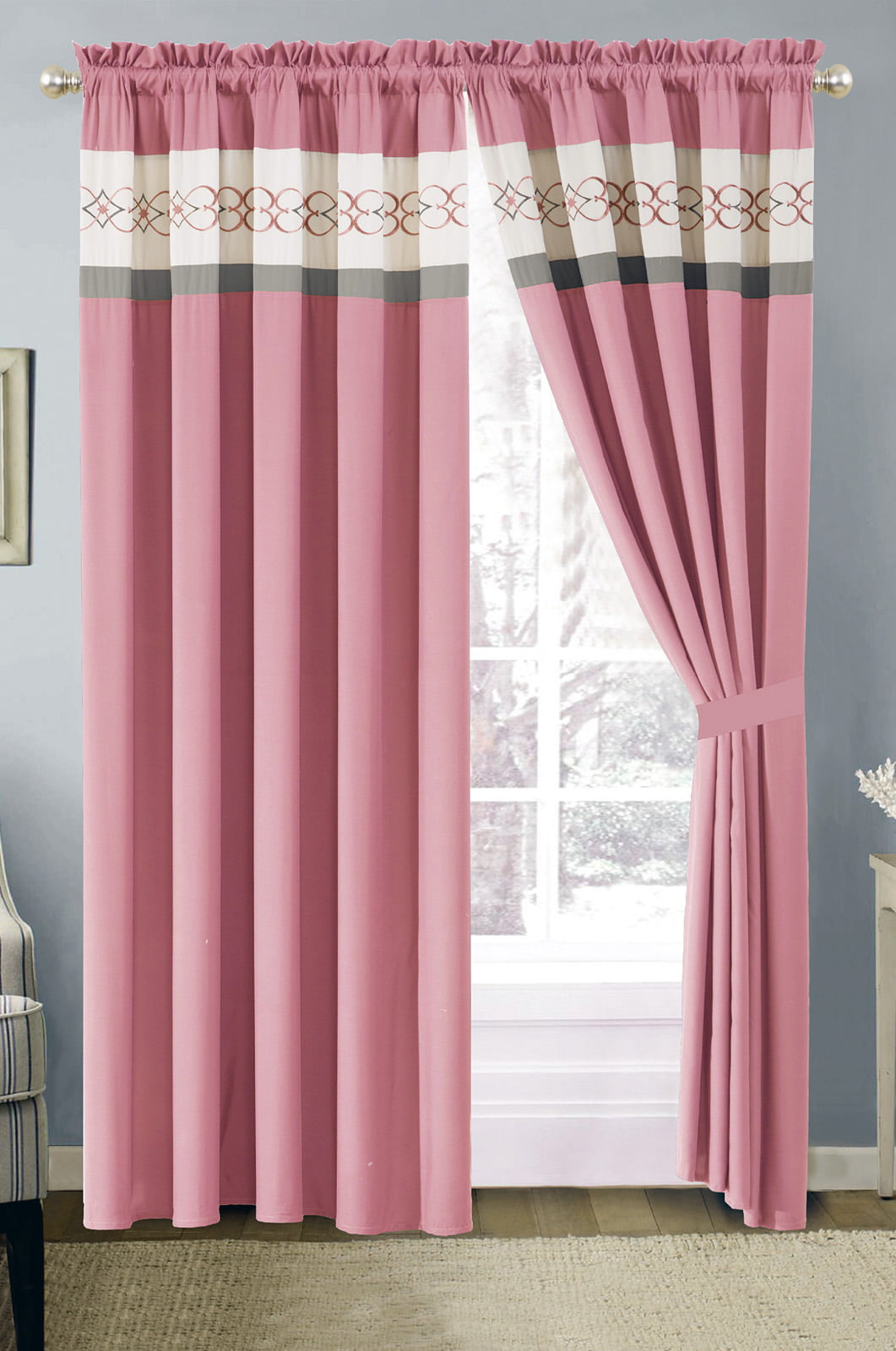 4-Pc Heart Diamond Spade Clover Floral Embroidery Curtain Set Pink Gray White 