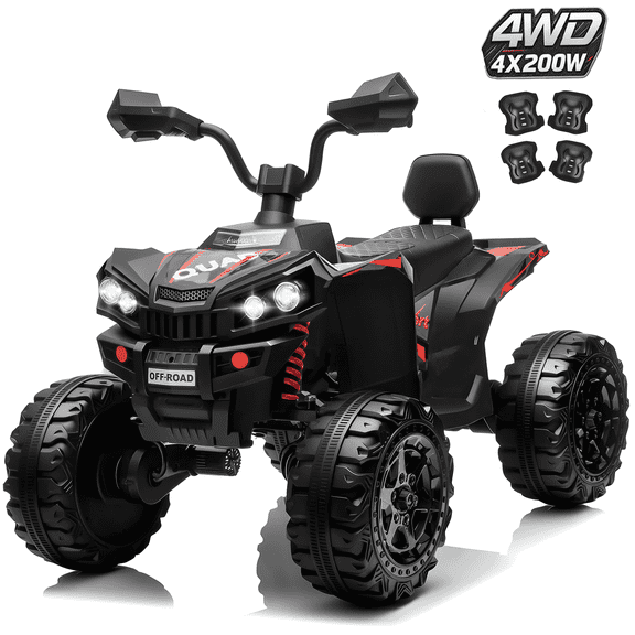 Joyracer 4WD Kids ATV for Ages 3-8, 24 Volt 4 Wheeler for Kids with Spring Suspension, Ride-on Quad with Bluetooth Music, LED Lights, Knee Pads, Black