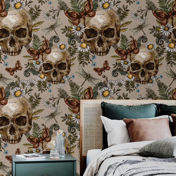 1 Roll Halloween Self-Adhesive Wallpaper, Boho Floral Skull Self-Adhesive Wallpaper, Waterproof Living Room Kitchen Bedroom Dormitory Wallpaper, Gothic Furniture Refurbishment Wallpaper