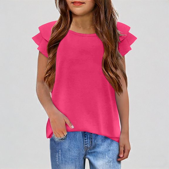 Krdevn Girls' T Shirts Wavy Sleeves Summer Crew Neck Short Sleeve Tops Casual Plain T Shirt for Girls,9-10 Years