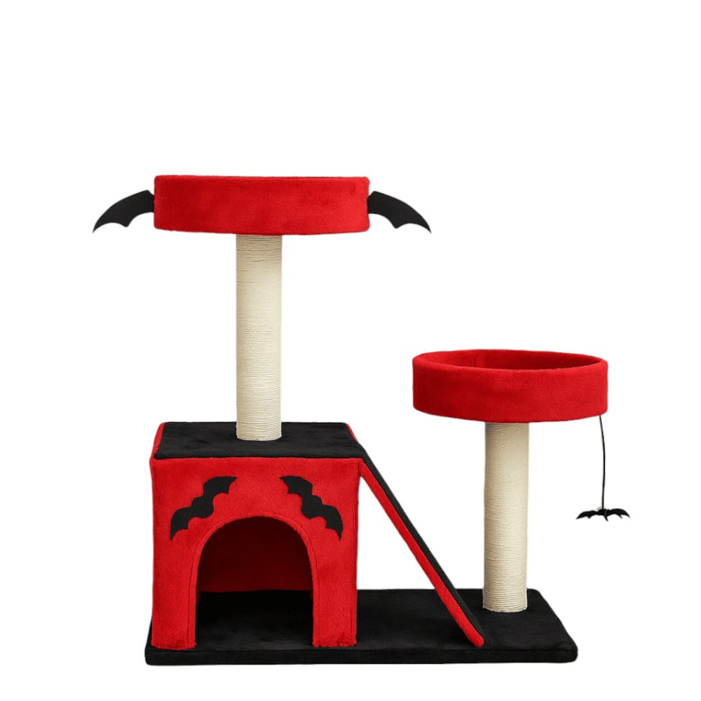 Tcbosik Gothic Cat Tree with Cat Condo, Cat House with Scratching Posts, Scratching Ladder and 2 Padded Perches, Cat Activity Center, Red & Black