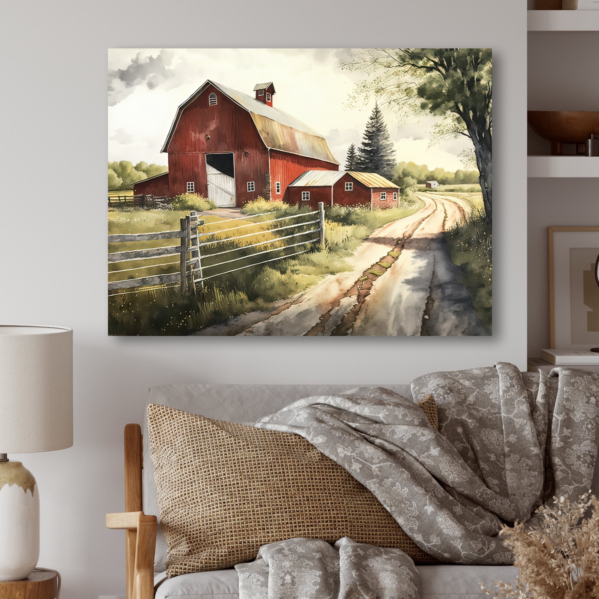 Designart Picturesque Winding Path And Barn II Canvas Wall Art