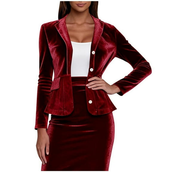 Giftesty Women's Slim Fit Solid Color Turn-Down Collar Long Sleeve Velvet Stylish Casual Button Detail Faux Pocket Blazer Jacket