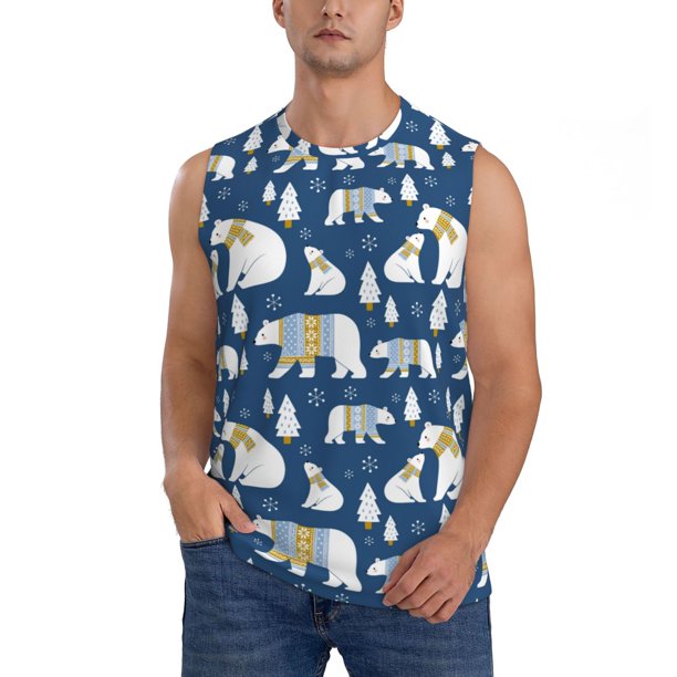 Fotbe cute winter bear Men's Camiseta sin Mangas Estampada para Hombres, Playera Casual para Gimnasio, Entrenamiento, Playa-Large