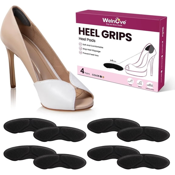 Welnove 4 Pair Heel Grips Liners for Loose Shoes, Heel Protect - Back Shoe Inserts Pads to Prevent Slip, Blisters & Rubbing - Black (Men, Women)