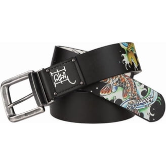 Ed Hardy Men's Dragon Tattoo Rivet Studs Black Belt With Plaque