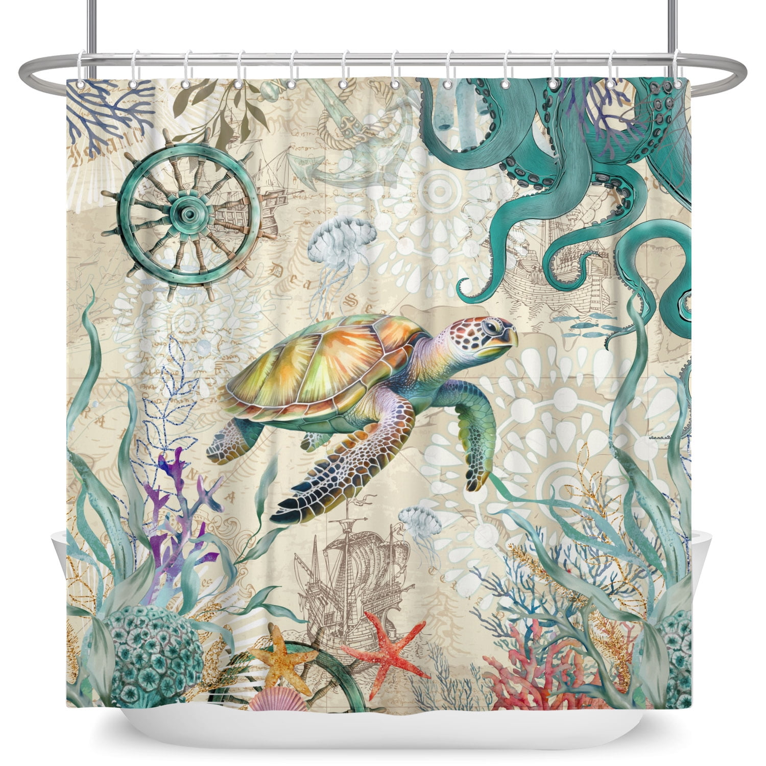 SUNOLIFE Sea Turtle and Octopus Shower Curtain,Nautical Coastal Beach Theme Waterproof Fabric Bathroom Curtain with Hooks,72x72 in