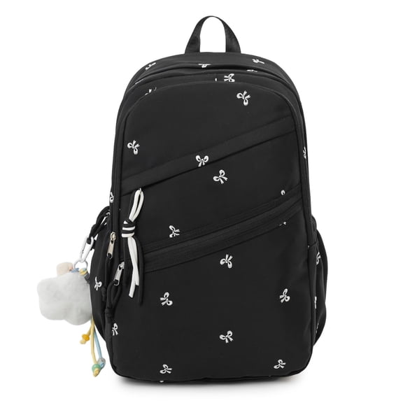 Bow Print Large Capacity Backpack, Multi-Pocket Zipper Closure School Bag with Pendant for Travel Work Shopping (Black)