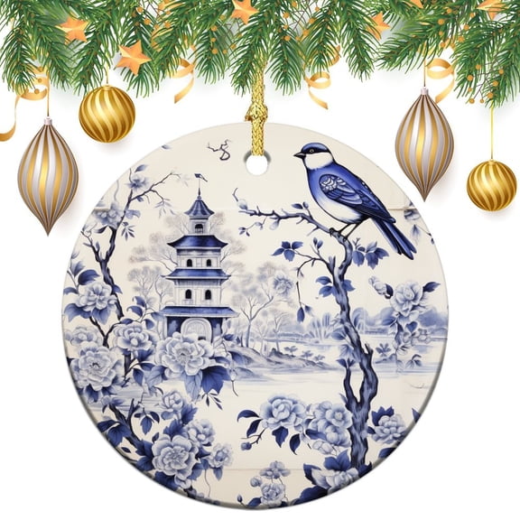 Ornament Modern Vintage Chinoiserie 3" Circle Ceramic Ornament Blue And White Tile with Bird Christmas Tree Decorations Gifts Keepsake for Family