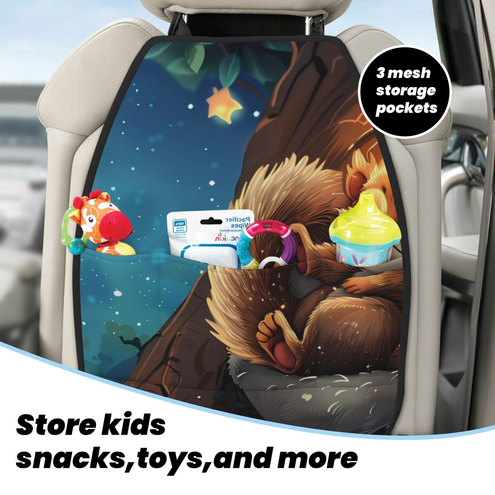 Kdxio Squirrel Sleeping In Tree Print 2 Pack Car Kick Mat Seat Cover Back Protector Mat with Pockets for Organizer Backseat Protector and Storage Anti Kick Pad for Vehicles