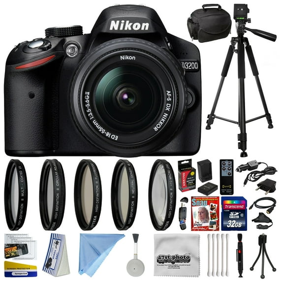Nikon D3200 Digital SLR Camera with 18-55mm NIKKOR VR Lens With 32GB SDHC Card, Reader, Battery, Charger, 5 PC Filter Kit, HDMI Cable, Case, Tripod, Grip Strap, Cleaning Kit, DVD