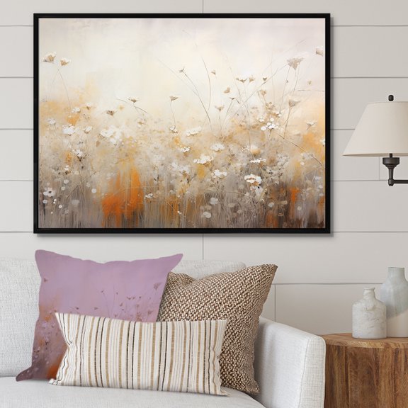 Designart "Whispering Gardens Of Beige Wildflowers V" Wildflowers Floater Framed Canvas Art Print