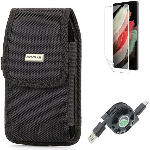 USB Cable & Case Belt Clip & Matte Screen Protector for Samsung Galaxy S22 Plus (S22 ) - Combo Retractable Type-C Charger & Rugged Holster & TPU Film Anti-Glare