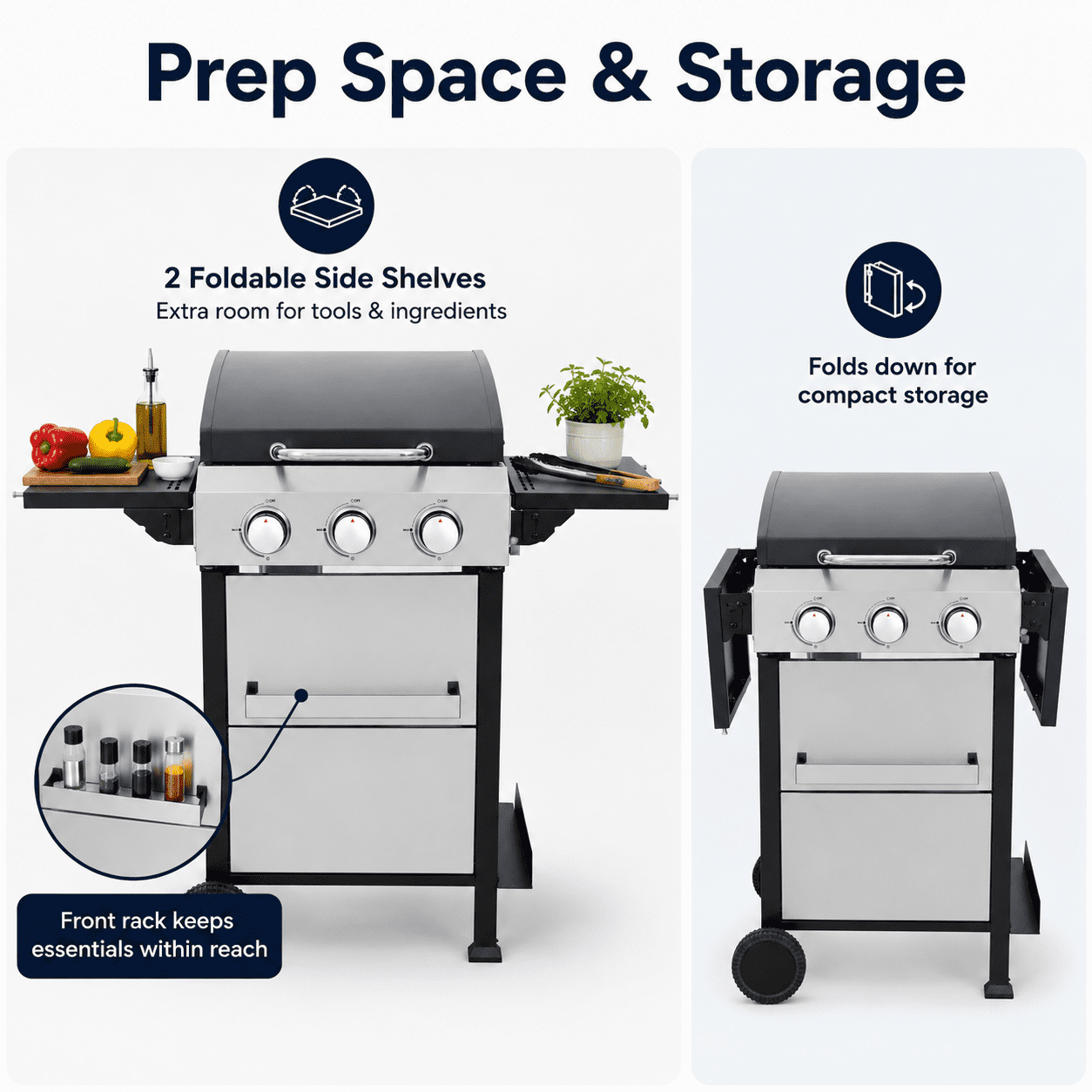 Enyopro 3 Burner Propane Gas Grill, Stainless Steel 36900BTU Barbecue Grill with Two Foldable Shelves, Cleaning Brush, 2 Wheels for Outdoor Cooking, for Patio Backyard and Camping