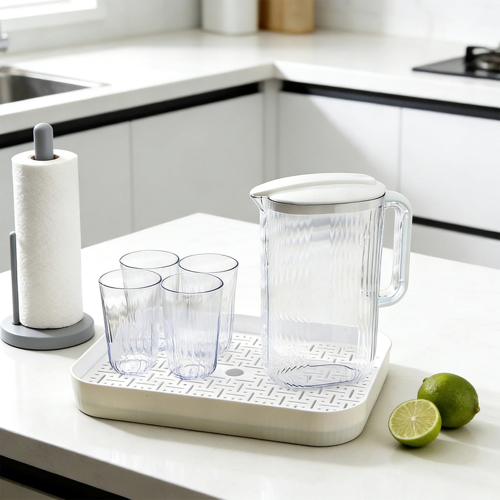 2000ML Large Capacity Cold Water Pitcher and Cup Tray Set Plastic Teapot and Fruit Tea Set Clear Beverage Jug with Drinking Utensils for Iced Tea Lemonade Party Barbecue Home Office