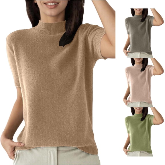 Trendfront Womens Knit Sweater Neck Short Sleeve Soft Stretch Pullover Business Casual Basic Elegant Everyday Tops