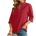 thumbnail image 7 of CZHJS Women's Comfy Elegant Tunic Casual Loose Cotton Lien Business Flowy Blouse Vintage Clothing Trendy Work 3/4 Sleeve Shirts Button up V-Neck Solid Color Tops Fashion Red XL, 7 of 7