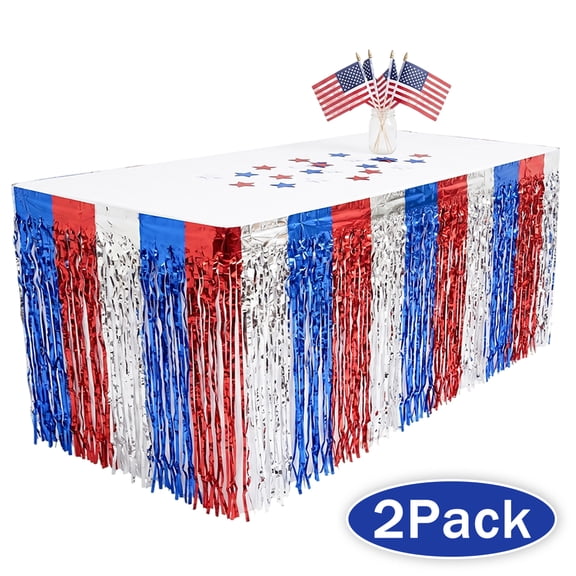 4th of July Patriotic Party Table Skirt Red White and Blue Tinsel Foil Fringe Table Skirt for 4th of July Party Supplies 29''x108' 2Pack