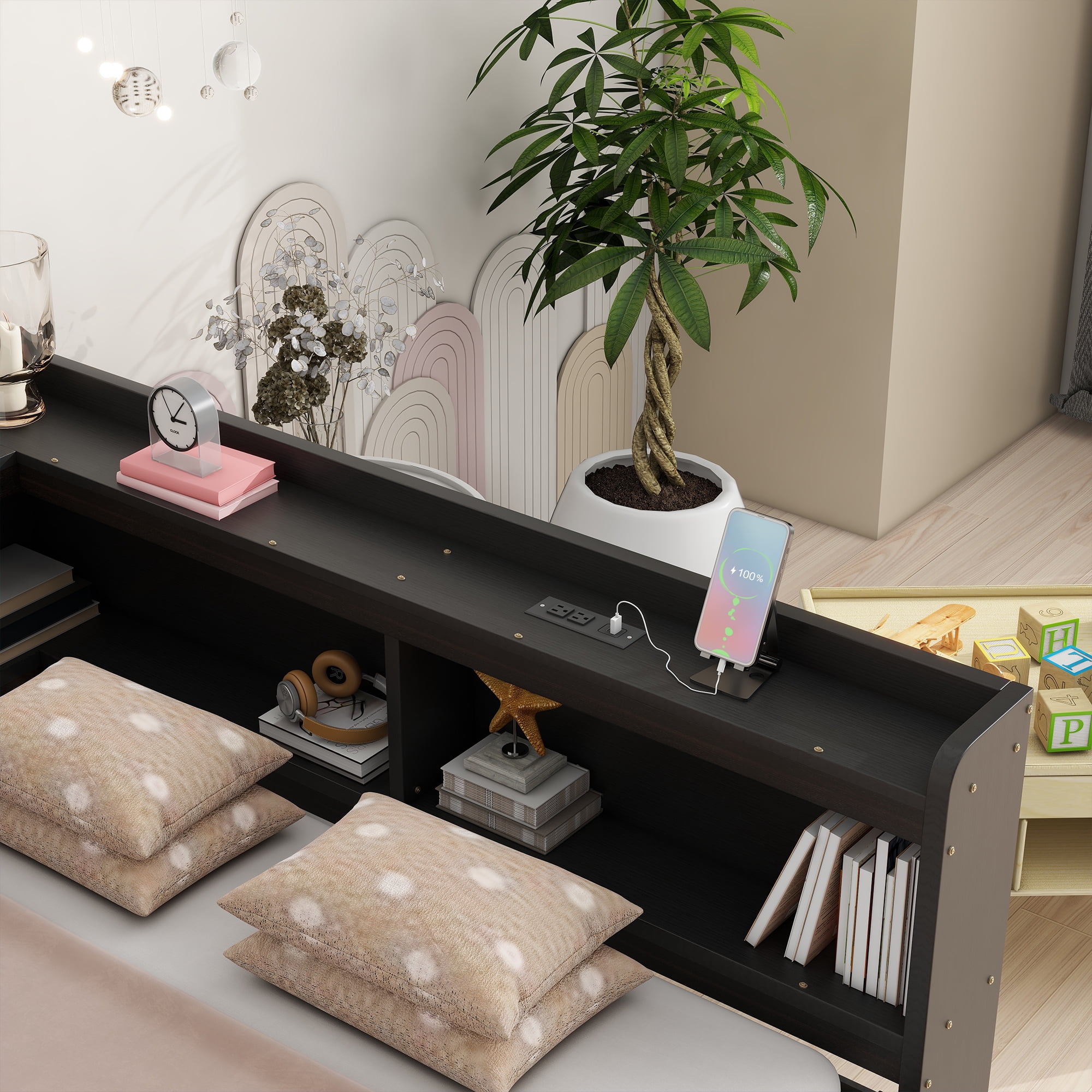 Leumius Full Size L-shaped Bookcases Bed with Power Outlets, USB Charging Ports,Two Drawers for Boys Girls Espresso
