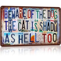 Vintage Metal Tin Signs Wall Decor for Dog Cat Lover 12 x 8 Inches - Beware Of The Dog The Cat Is Shady As Hell Too